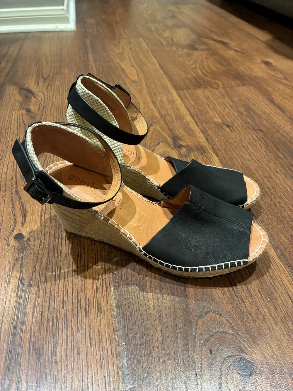 gentle souls Black Leather Espadrille Wedge Sandals with Ankle Strap